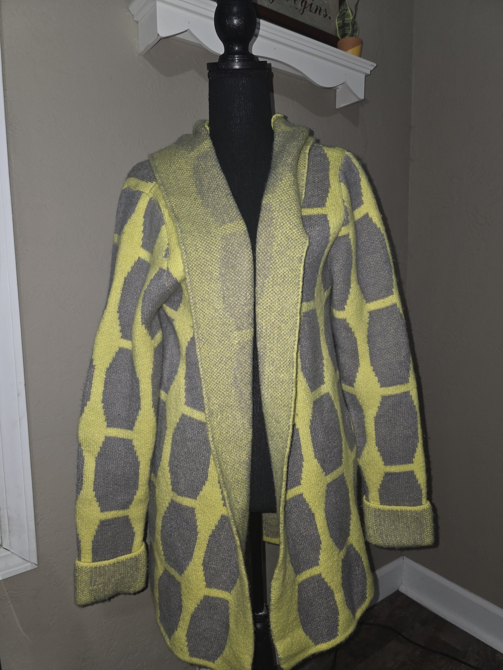 Open-Front Yellow & Gray Patterned Women's Cardigan M